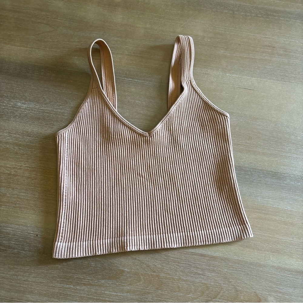 Bella Seamless tan ribbed crop halter top, S